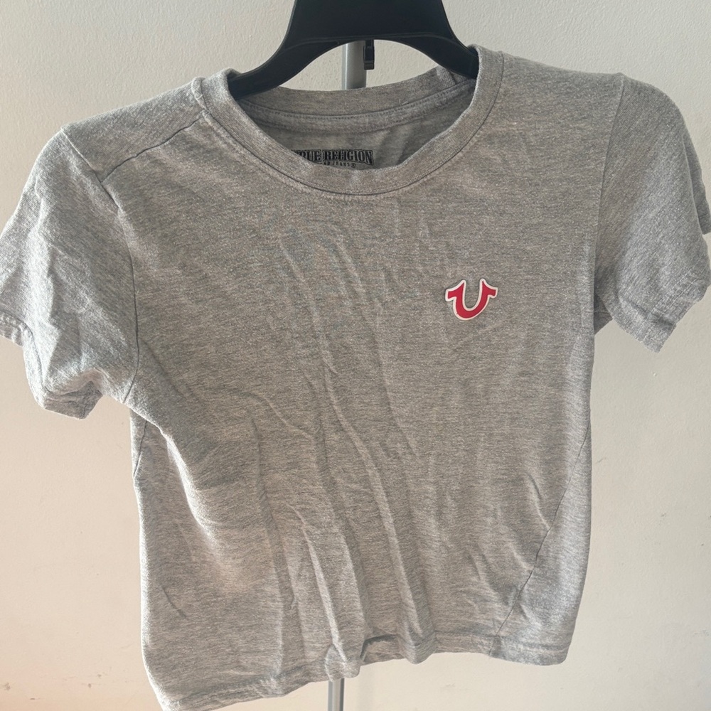 True Religion Heather Gray Tee with Red Horseshoe Logo